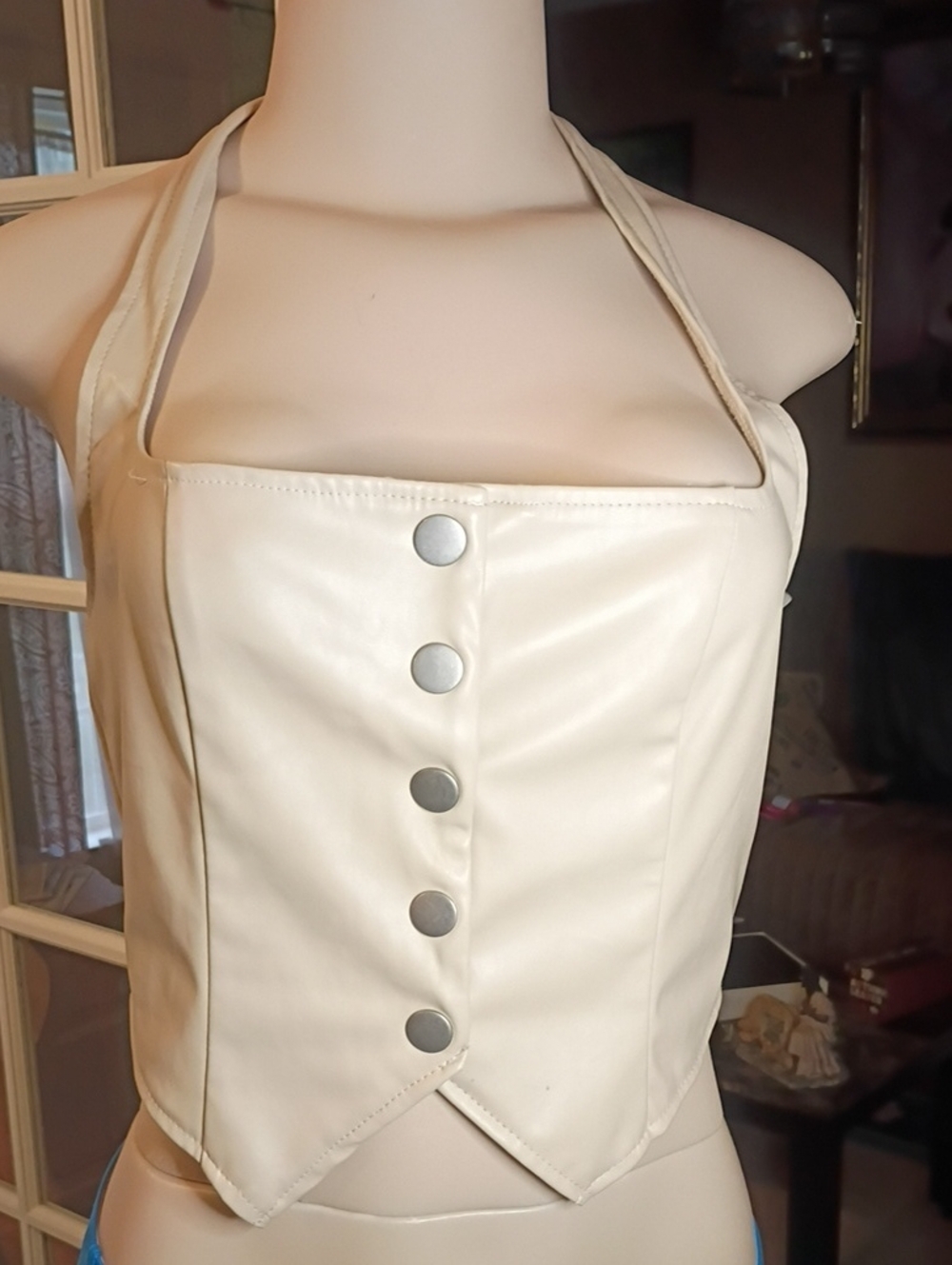 SHEIN Cream Faux Leather Halter Corset Top with Snap Buttons Size M (8-10)